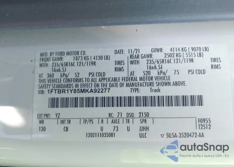 2021 Ford Transit-250 z USA, uszkodzony, nr VIN 1FTBR1Y85MKA92277